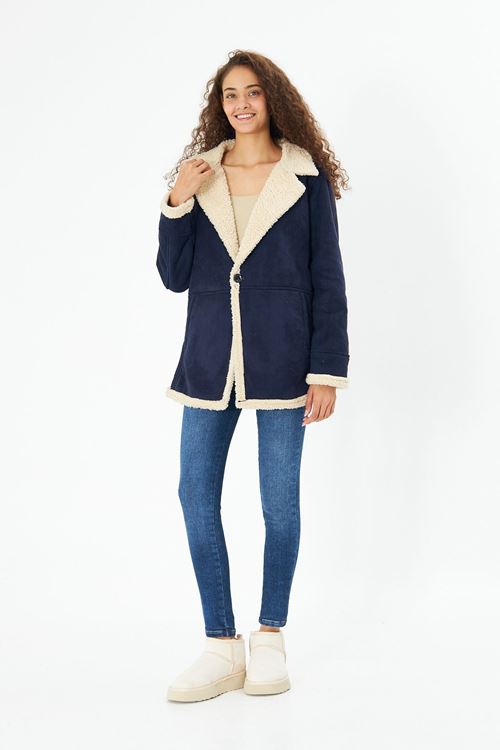 Kadın Mavi İçi Kürklü Tek Düğmeli Nubuk Mont