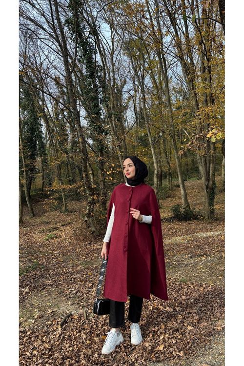 Kadın Bordo Kaşe Kolsuz Tesettür Kaban Pelerin Panço