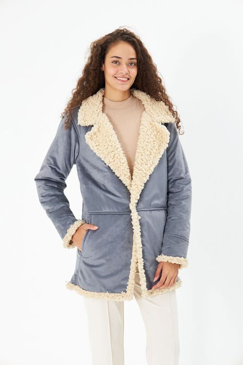 Kadın Gri İçi Kürklü Tek Düğmeli Nubuk Mont