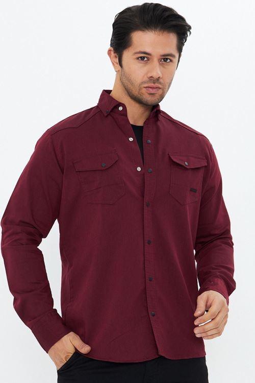 Erkek Bordo Slim Fit Dar Kalıp Çift Cepli Pamuklu Kot Gömlek