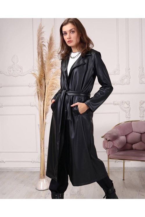 Kadın Siyah Bel Bağlamalı Deri Trençkot