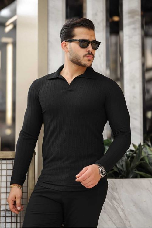 Erkek Siyah Polo Yaka Sweatshirt