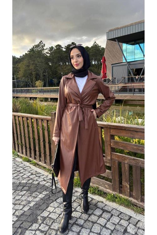 Kadın Kahve Bel Bağlamalı Deri Trençkot