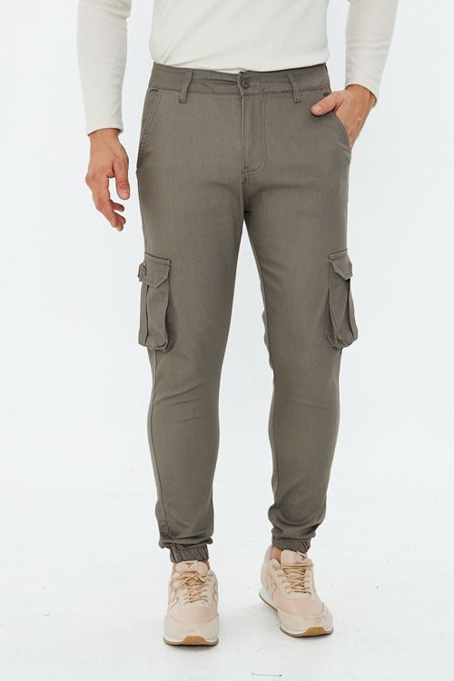 Erkek Füme Slim Fit Yandan Cepli Bel Kemerli Paçaları Lastikli Esnek Kumaş Erkek Kargo Pantolon