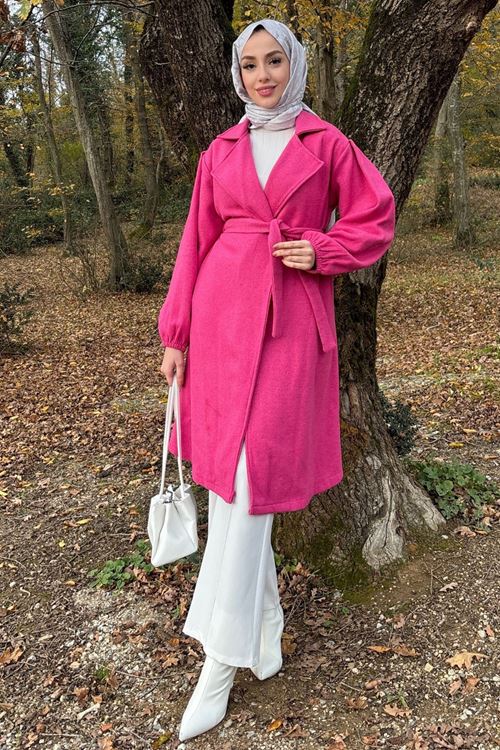 Kadın Kol Büzgülü Kuşaklı Astarsız Kaşe Kaban