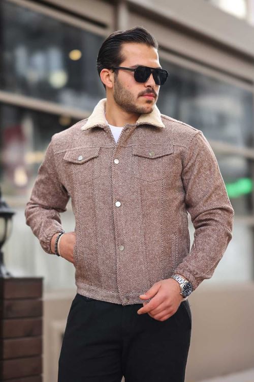 Erkek Kahve Çizgi Desenli Kaşe Ceket Kürk Yaka Detaylı