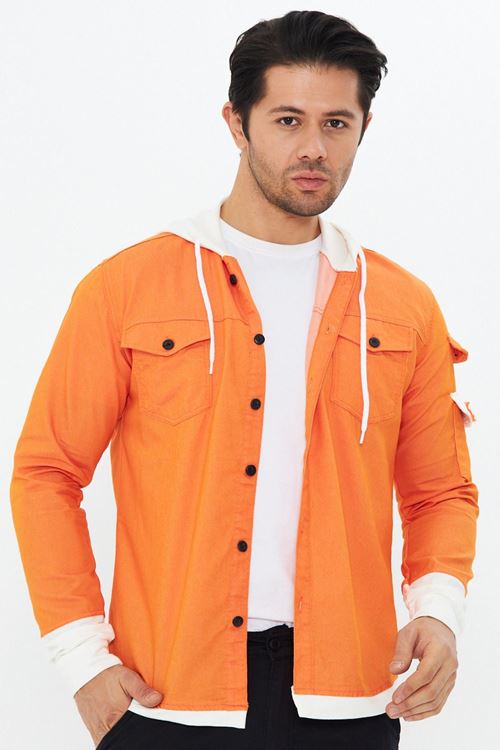 Erkek Slim Fit Dar Kalıp Penye Kapüşonlu Çift Cepli Pamuklu Kot Gömlek
