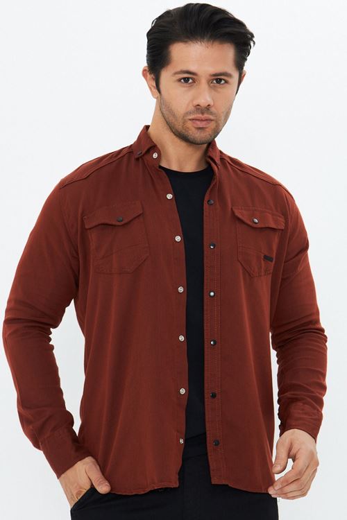 Erkek Slim Fit Dar Kalıp Çift Cepli Armürlü Kot Gömlek