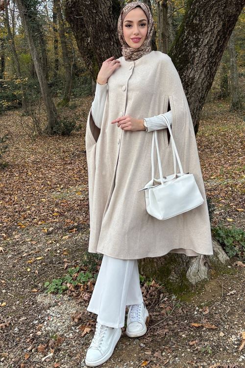 Kadın Krem Kaşe Kolsuz Tesettür Kaban Pelerin Panço