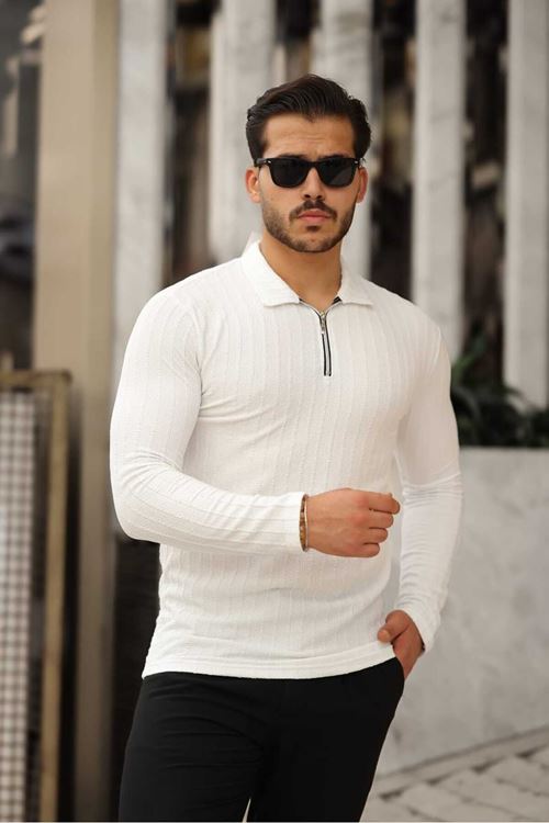 Erkek Beyaz Yarım Fermuarlı Polo Yaka Sweatshirt