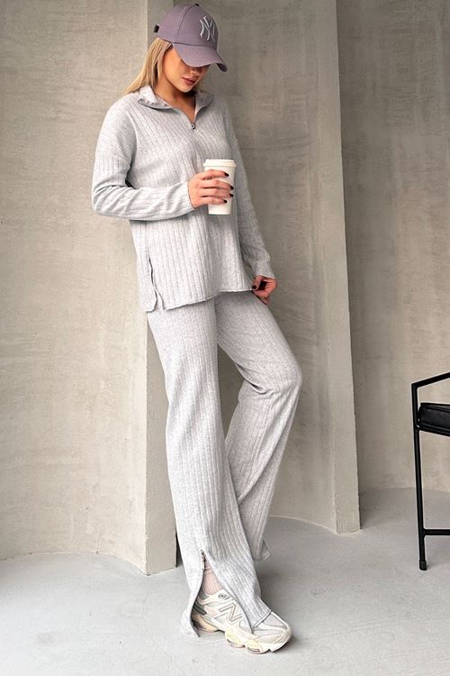 Kadın Fitilli Yaka Fermuarlı Paçası Yırtmaçlı Yanlardan Fermuarlı Takım