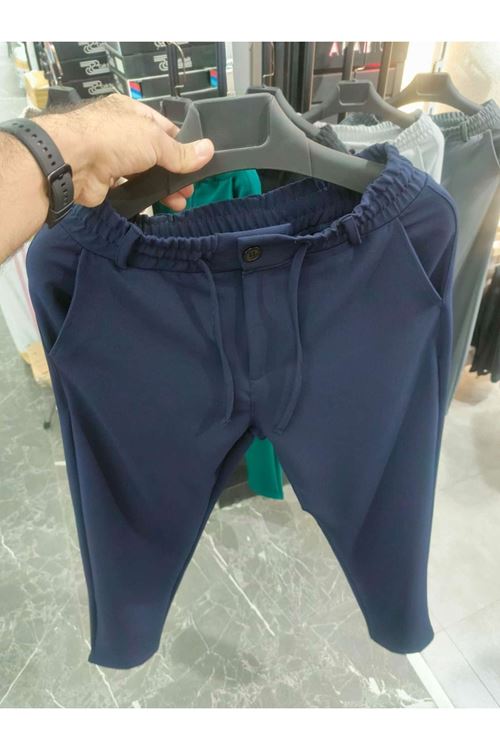 Erkek Lacivert Jogger Bel Lastikli Duble Slim Fit Likralı Pantolon