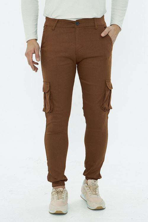 Erkek Kahverengi Slim Fit Yandan Cepli Bel Kemerli Paçaları Lastikli Esnek Kumaş Erkek Kargo Pantolon
