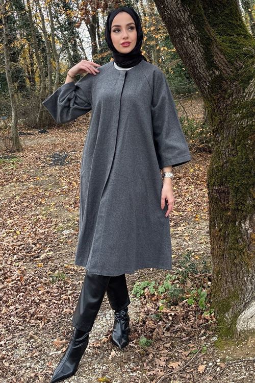 Kadın Füme Oversize Uzun Kol Tesettür Kaşe Kaban Panço