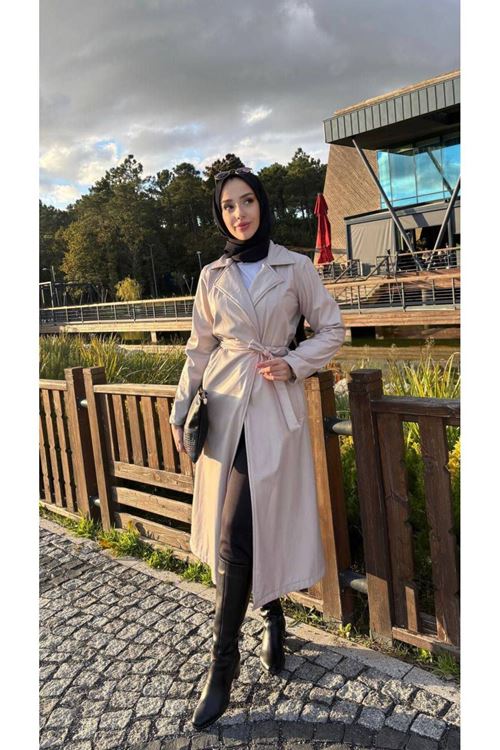 Kadın Ekru Bel Bağlamalı Deri Trençkot