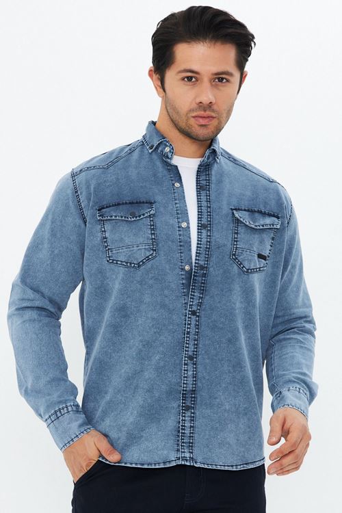 Erkek Slim Fit Çift Cepli Dar Kalıp Pamuklu Kot Gömlek
