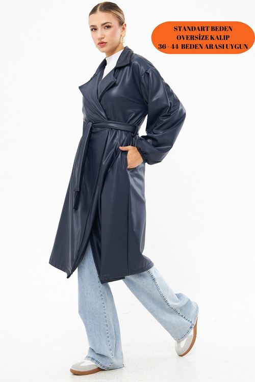 Kadın Lacivert Bel Bağlamalı Kol Büzgülü Deri Trençkot