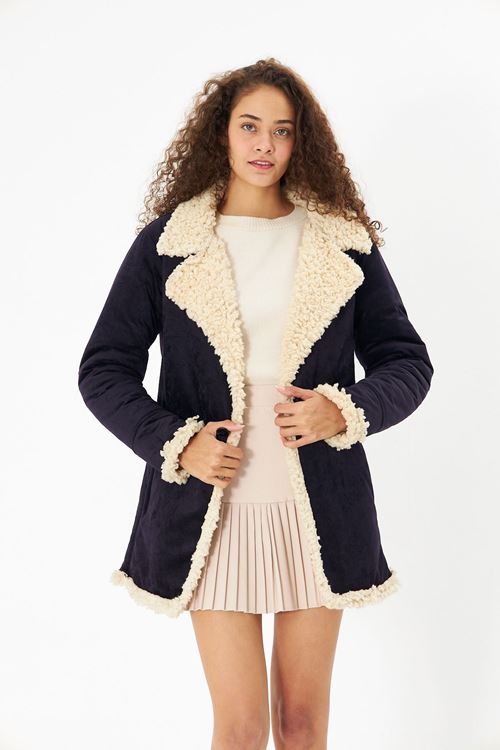 Kadın Siyah İçi Kürklü Tek Düğmeli Nubuk Mont