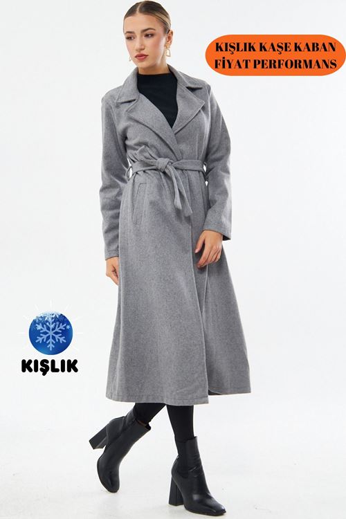 Kadın Füme Kuşaklı Kışlık Kaşe Kaban Astarsız