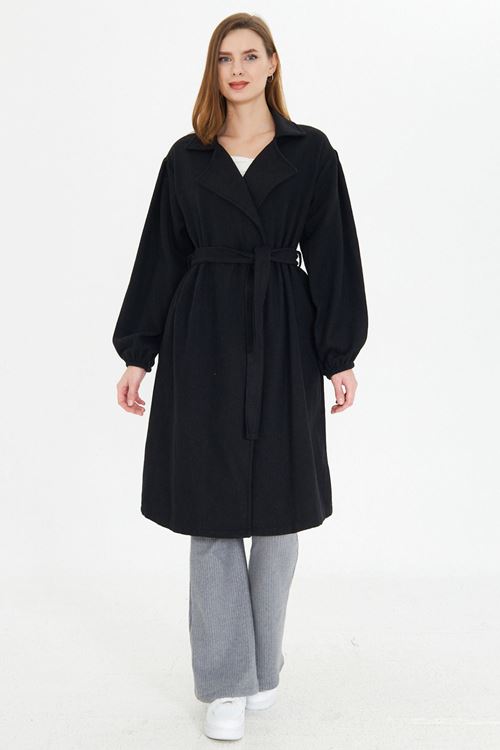 Kadın Siyah Kol Büzgülü Kuşaklı Astarsız Kaşe Kaban