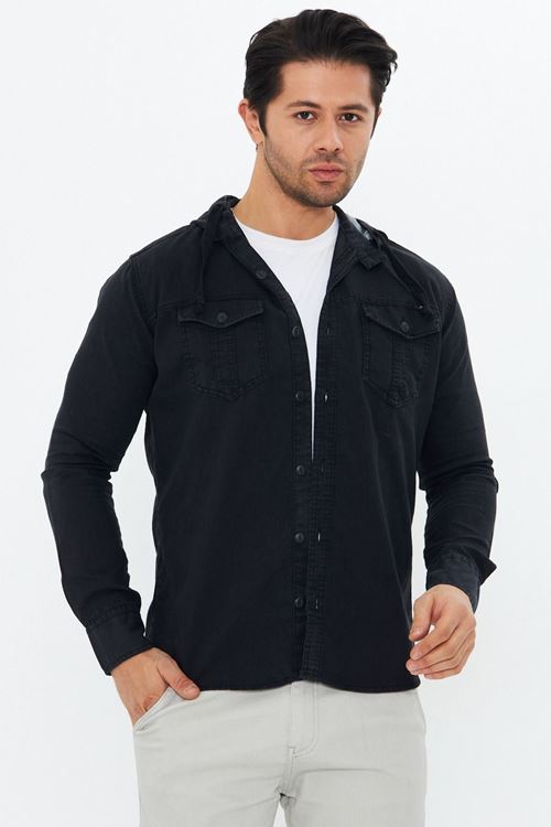 Erkek Slim Fit Dar Kalıp Kapüşonlu Çift Cepli Pamuklu Kot Gömlek