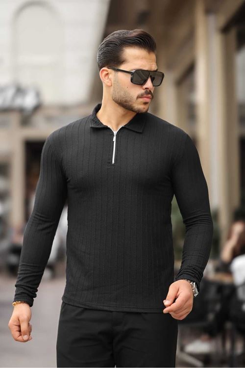 Erkek Siyah Yarım Fermuarlı Polo Yaka Sweatshirt