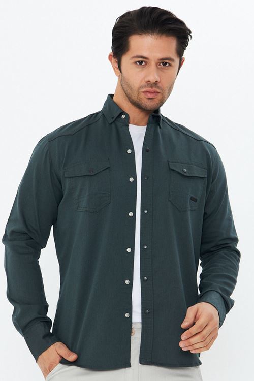 Erkek Neft Slim Fit Dar Kalıp Çift Cepli Pamuklu Kot Gömlek
