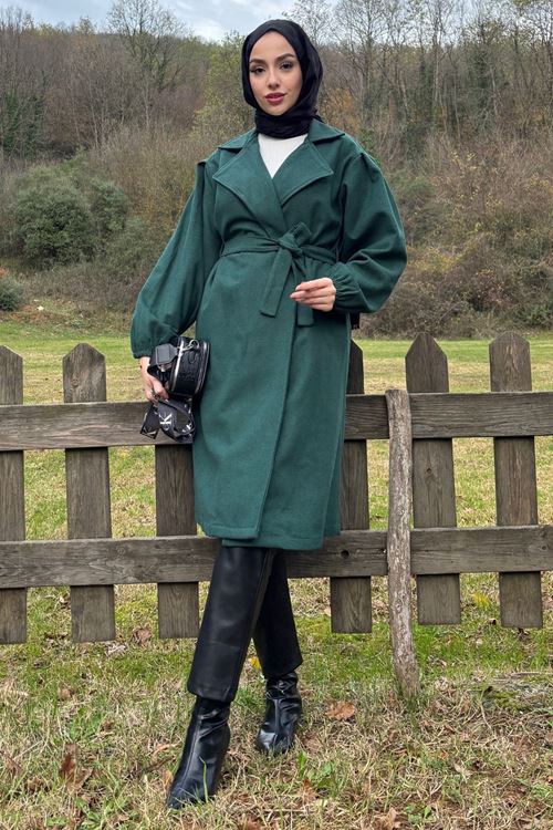 Kadın Kol Büzgülü Kuşaklı Astarsız Kaşe Kaban