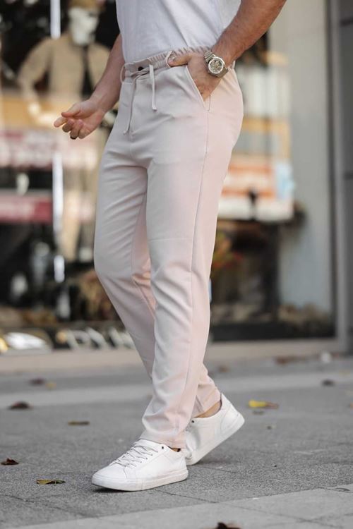 Erkek Krem Jogger Bel Lastikli Duble Slim Fit Likralı Pantolon