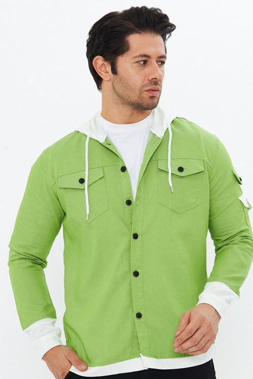 Erkek Slim Fit Dar Kalıp Penye Kapüşonlu Çift Cepli Pamuklu Kot Gömlek