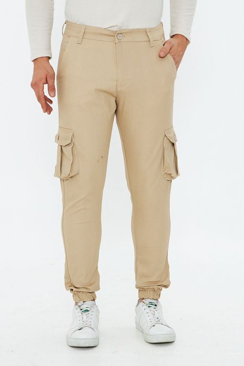 Erkek Krem Slim Fit Yandan Cepli Bel Kemerli Paçaları Lastikli Esnek Kumaş Erkek Kargo Pantolon