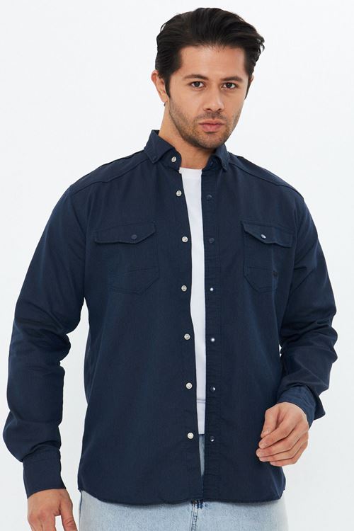 Erkek Slim Fit Dar Kalıp Çift Cepli Armürlü Kot Gömlek