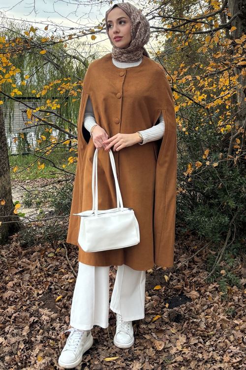 Kadın Camel Kaşe Kolsuz Tesettür Kaban Pelerin Panço