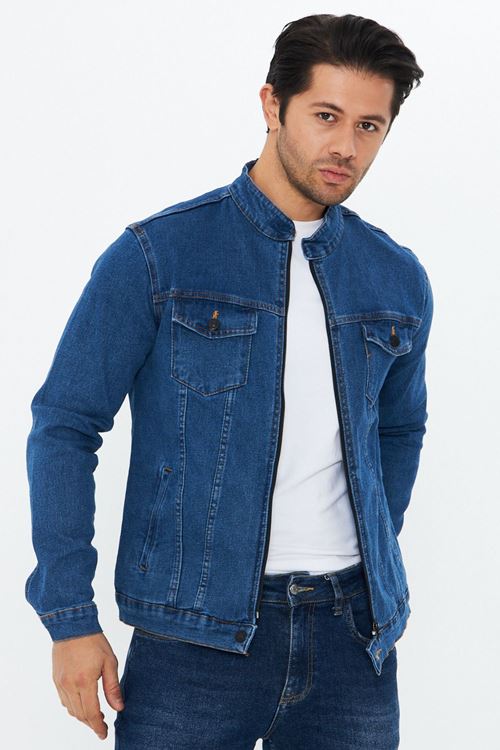 Erkek Slim Fit Fermuarlı Denim Kot Ceket