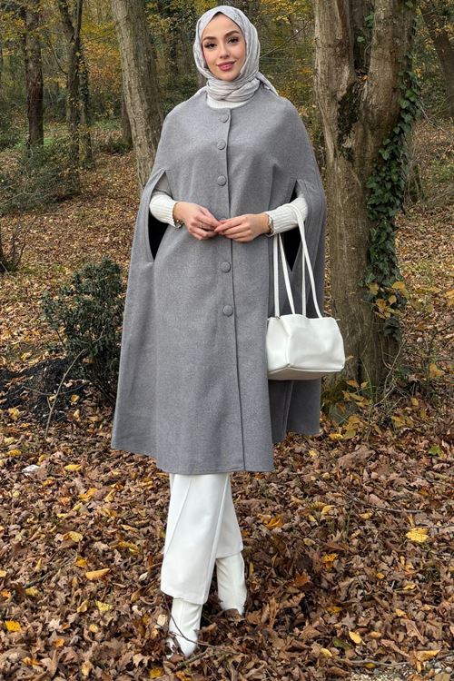 Kadın Füme Kaşe Kolsuz Tesettür Kaban Pelerin Panço