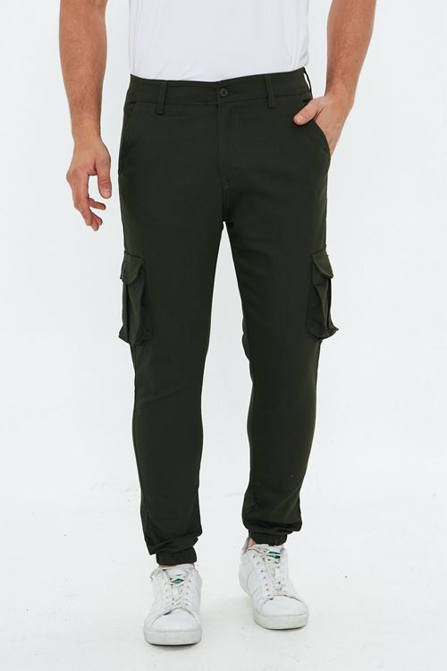 Erkek Haki Slim Fit Yandan Cepli Bel Kemerli Paçaları Lastikli Esnek Kumaş Erkek Kargo Pantolon
