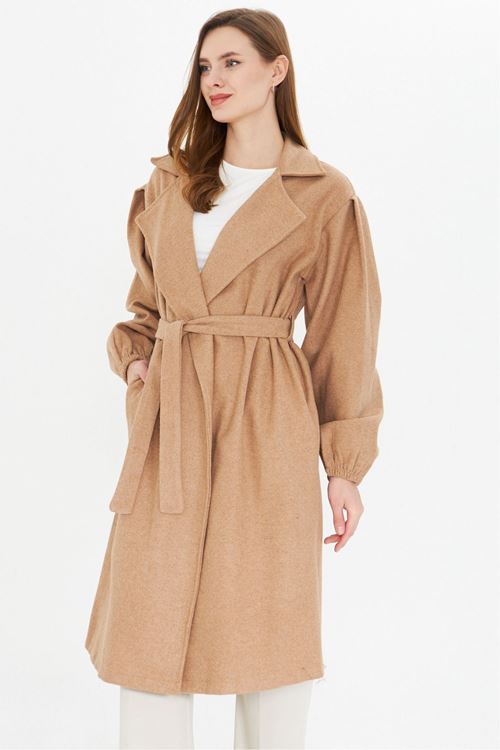 Kadın Bej Kol Büzgülü Kuşaklı Astarsız Kaşe Kaban