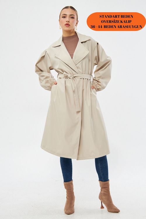 Kadın Taş Belden Bağlamalı Balon Kol Trençkot