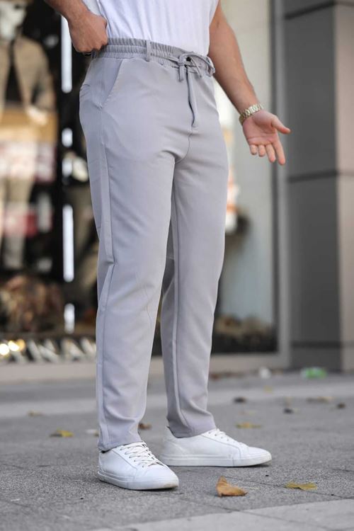 Erkek Gri Jogger Bel Lastikli Duble Slim Fit Likralı Pantolon