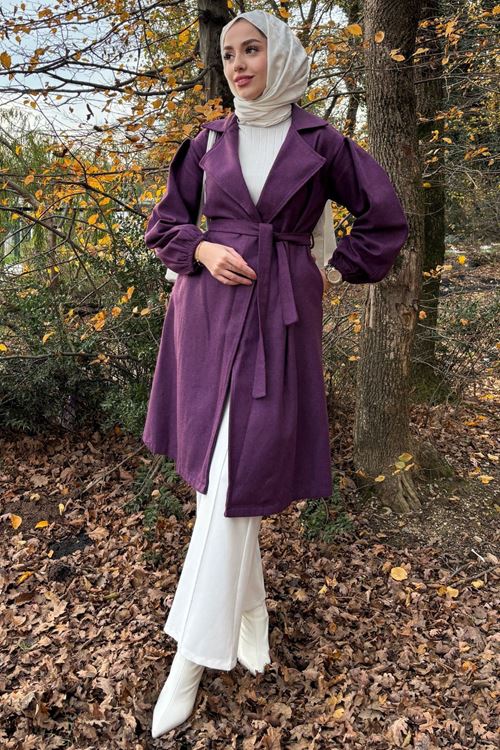 Kadın Kol Büzgülü Kuşaklı Astarsız Kaşe Kaban