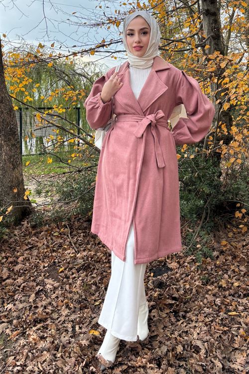 Kadın Kol Büzgülü Kuşaklı Astarsız Kaşe Kaban