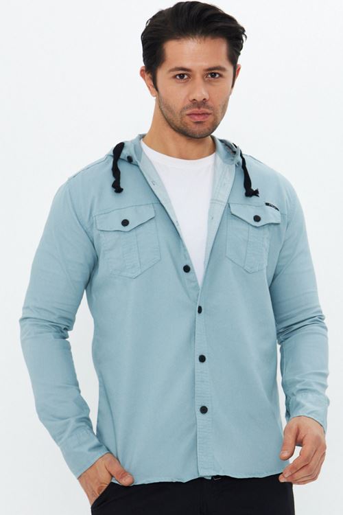 Erkek Slim Fit Dar Kalıp Kapüşonlu Çift Cepli Pamuklu Kot Gömlek
