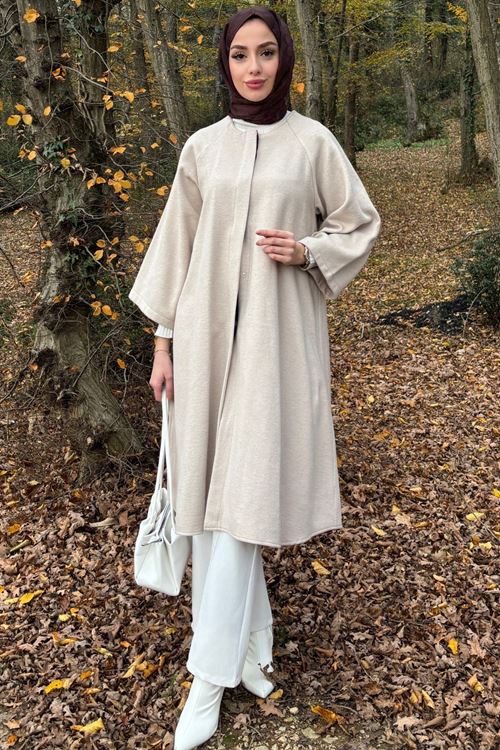 Kadın Krem Oversize Uzun Kol Tesettür Kaşe Kaban Panço