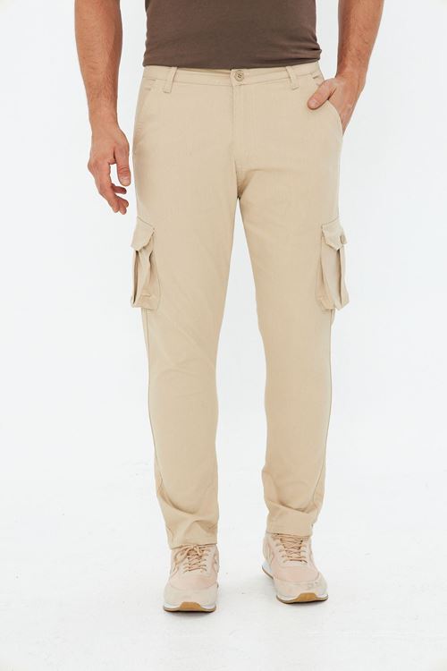 Erkek Slim Fit Yandan Cepli Bel Kemerli Düz Paça Esnek Kumaş Erkek Kargo Pantolon