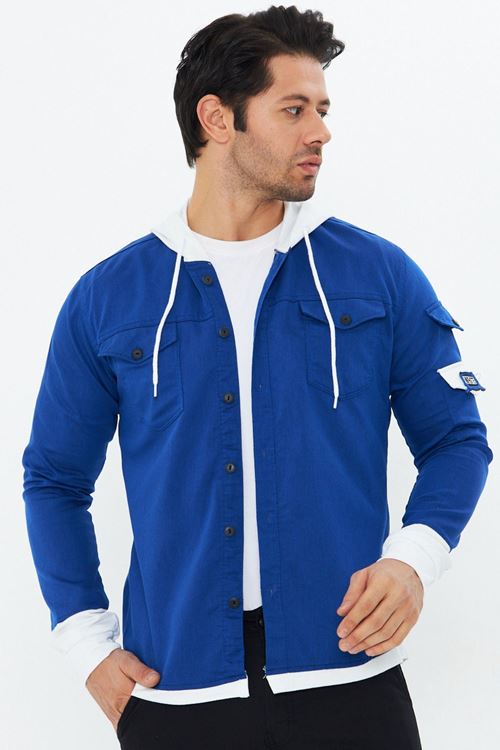 Erkek Slim Fit Dar Kalıp Penye Kapüşonlu Çift Cepli Pamuklu Kot Gömlek