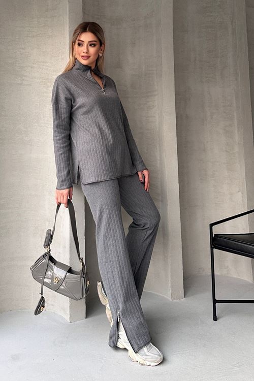 Kadın Fitilli Yaka Fermuarlı Paçası Yırtmaçlı Yanlardan Fermuarlı Takım