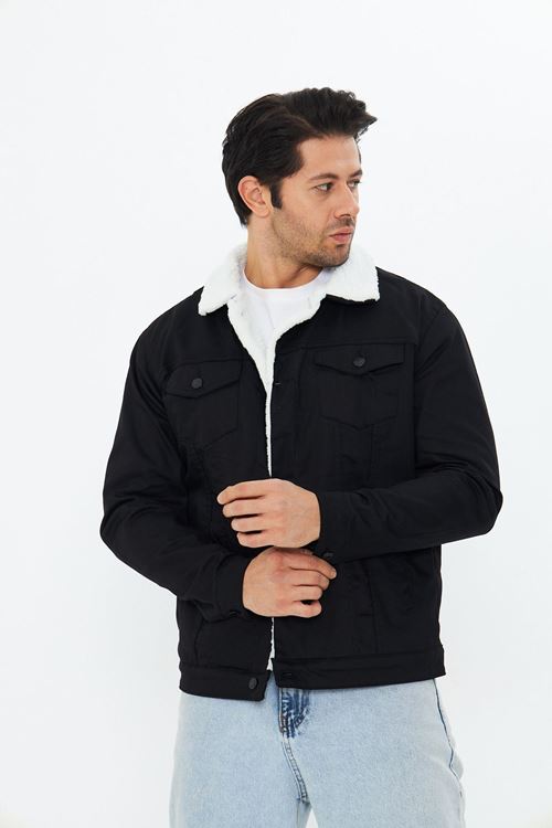 Erkek Siyah - Beyaz Kürklü Kot Ceket