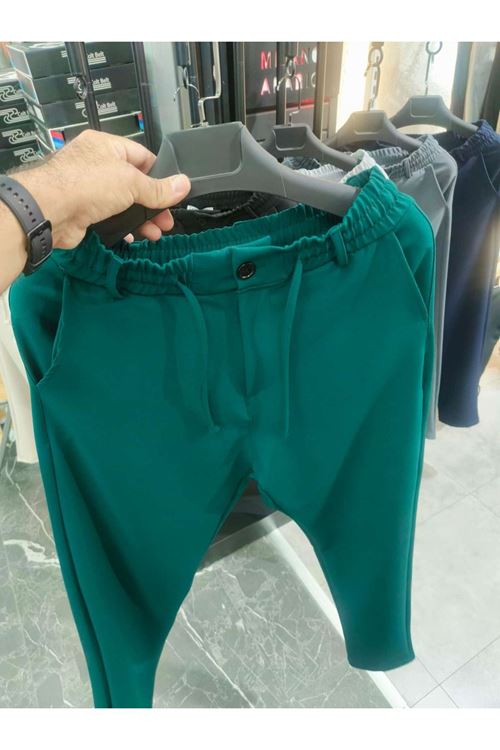 Erkek Yeşil Jogger Bel Lastikli Duble Slim Fit Likralı Pantolon