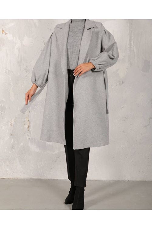 Kadın Gri Kol Büzgülü Kuşaklı Astarsız Kaşe Kaban