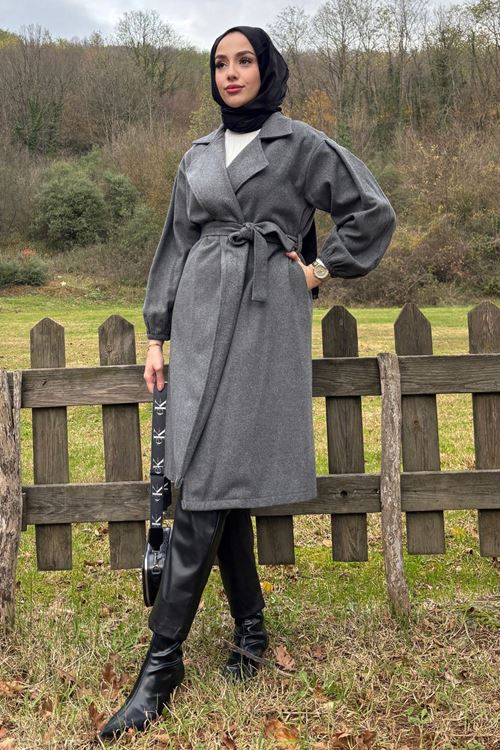 Kadın Kol Büzgülü Kuşaklı Astarsız Kaşe Kaban